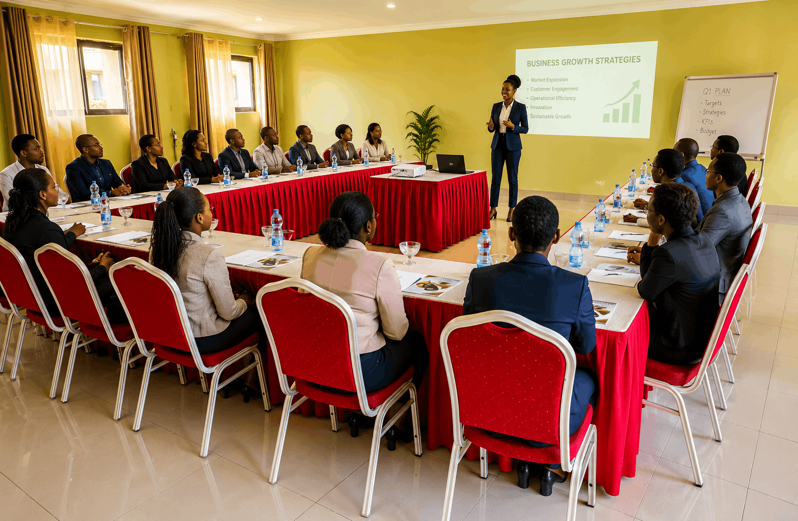 Conference boardroom prepared for guests